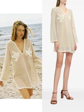 Sea New York Sally Crochet Mini Dress Cover Up Beige Tan | S